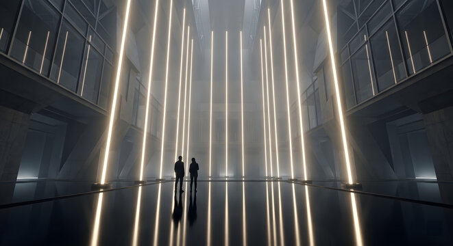 Two people observing vertical glowing light pillars in immersive reflective space. Concept of digital installations, interactive environments, and futuristic exhibition design systems.