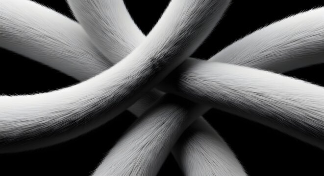 Intertwined thick white furry cylindrical strands. Complex network and soft material textures. Abstract woven fibers crossing each other forming a tight knot on a dark black background.