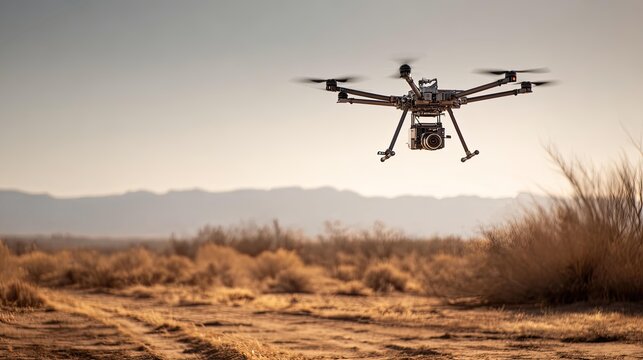 Drone with camera flying over arid desert landscape