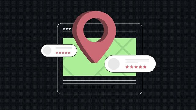 Local business reviews animation with location pin, customer ratings and reputation management interface. Review monitoring and local SEO concept for business platforms. motion graphic animation