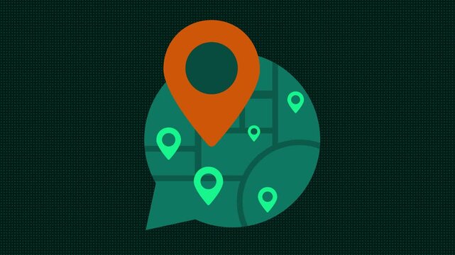 Store locator animation with business location pins and geolocation network. Branch mapping and franchise location concept for retail, delivery and mobility platforms. Motion graphic video animation