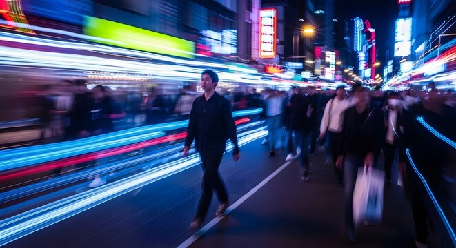 Motion blur of a man walking across a city street. Fast paced urban lifestyle and evening commute. Pedestrian moving through vibrant night traffic light trails.