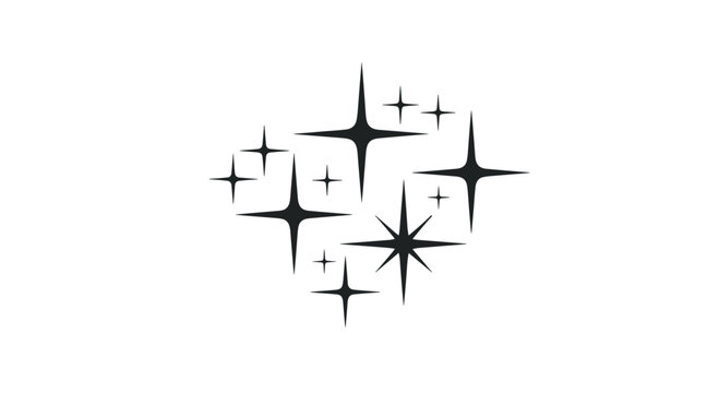 Group of black hand-drawn sparkle symbols and four-pointed stars representing light shine or magic effects isolated on a clean white background.