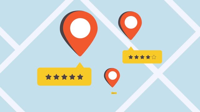 Local business reviews animation with map pins, customer ratings and search ranking interface. Local SEO and map visibility concept for review and discovery platforms. motion graphic animation