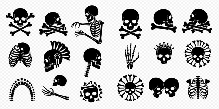 Collection of various black skull and skeleton designs for Halloween, horror, and pirate themes.