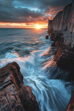 Stunning Sunset at Coastal Cliffs with Dynamic Ocean Waves