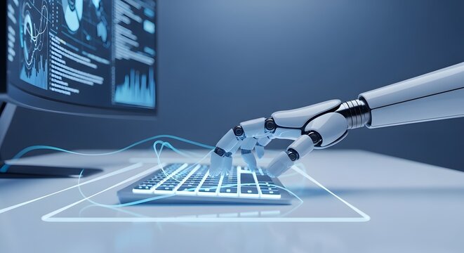 Robotic hand typing on a computer keyboard. Artificial intelligence and automation in the workplace. Humanoid robot arm interacting with digital screen and data interface.
