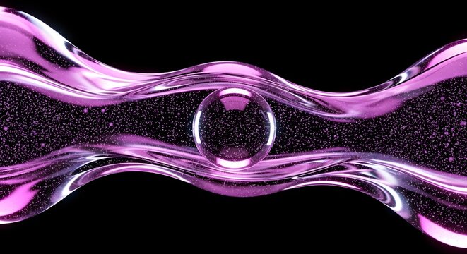 Abstract glass sphere floating between purple liquid waves. Luxury product background and cosmetics concept. Crystal ball suspended in flowing violet silk or water with glowing particles.