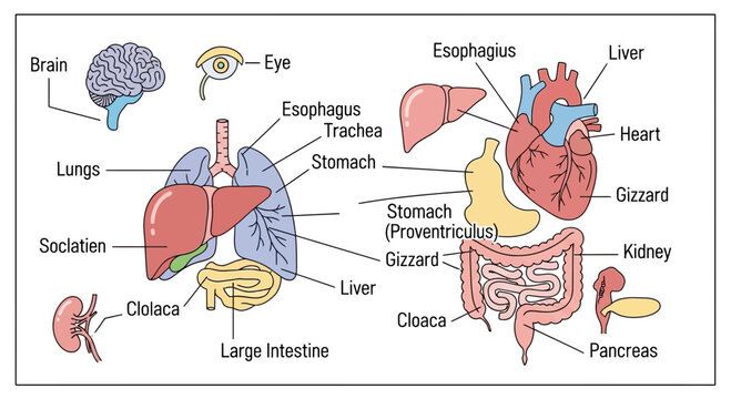 Human and Avian Digestive and Respiratory Systems Anatomy Diagram