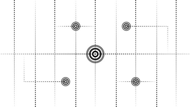 Dynamic abstract grid background pulsing central target four connected data points monochrome network system visual