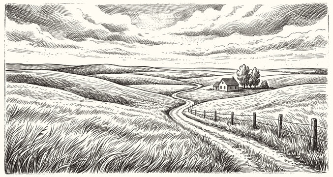 Vector sketch Green grass field on small hills. Meadow, alkali, lye, grassland, pommel, lea, pasturage, farm