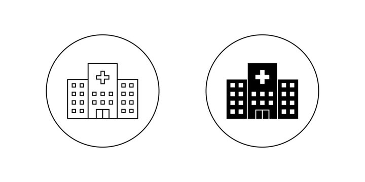 Hospital building icon in circular outline. Medical healthcare symbol. Public health services and patient care sign
