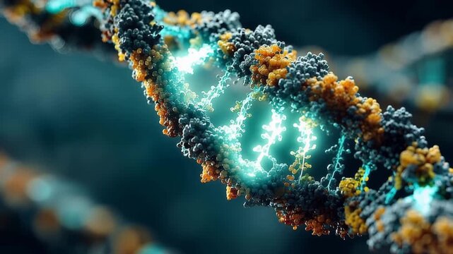 DNA double helix structure with glowing blue light, microscopic genetic gene chain and molecular background for biotech, genome editing and medical science research concept
