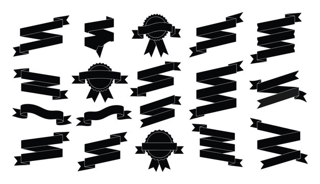 Black ribbon and rosette graphic assets for certificates, banners, and announcement designs
