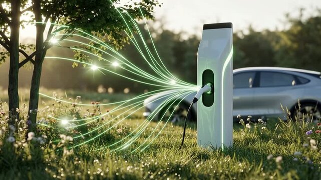 Green energy EV charger in beautiful spring field with glowing organic power lines from trees, sustainable ecological electricity supply for future electric vehicle concept