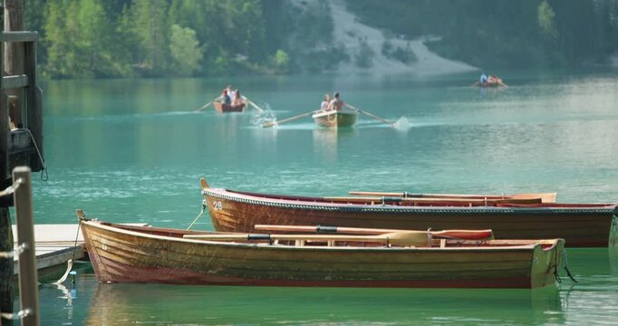 Wooden boats at Lago Di Braies, Dolomites, Italy