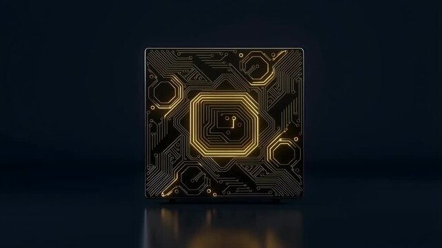 Abstract animation of a glowing gold CPU processing data on a dark background