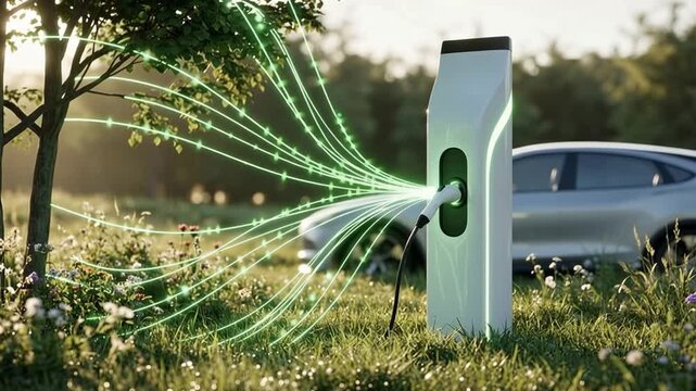 Electric vehicle EV charging station in green nature field with glowing eco energy lines, sustainable clean power supply for modern hybrid car and environmental transportation concept