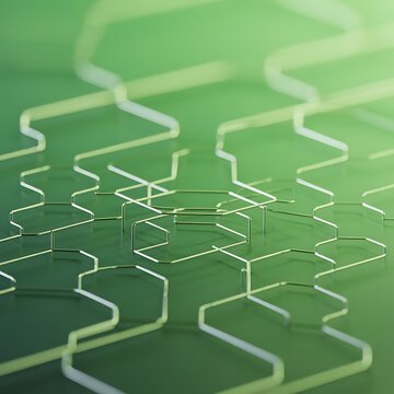 Abstract geometric pattern of interconnected metallic wireframes forming hexagonal and zig-zag shapes against a soft, luminous green gradient background, creating a sense of depth and a
