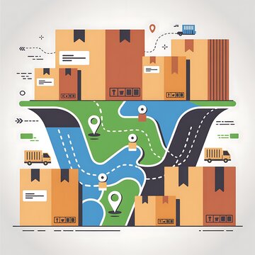 Abstract representing logistics and delivery services with a stylized map integrated with roads and water surrounded by numerous shipping boxes of various sizes and colors, and featuring small