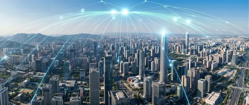 Wide angle smart city concept with digital network dome and glowing communication lines over metropolitan skyline, global IoT database and future 5G telecom technology banner