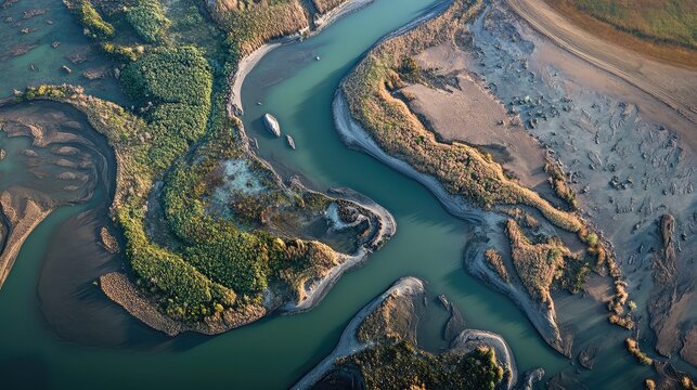 Winding river creating diverse meanders and landforms