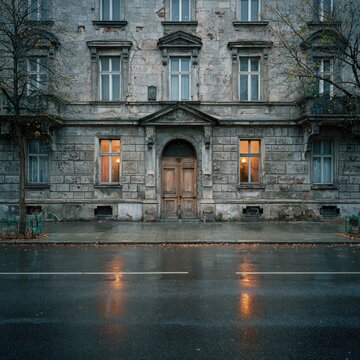 Elegant facade of an old European building on a rainy day