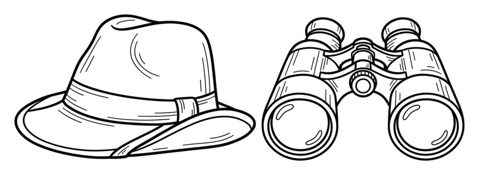Classic fedora hat and binoculars commonly used for detective themes, adventure stories, and exploration
