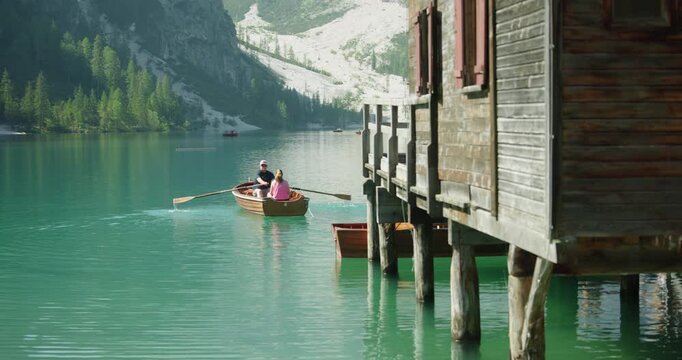 Tourists boating on Lake Braies, Italy