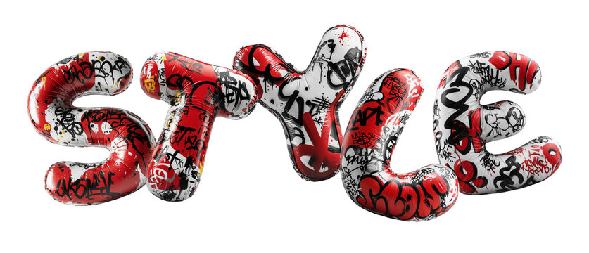 Inflatable letters forming Style covered in graffiti tags in glossy style on white background, concept of street art unity
