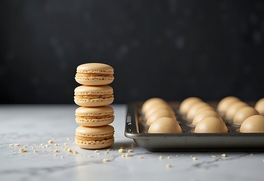 Stack of fresh brown caramel macaron cookies on a kitchen table with a baking tray. making macarons 