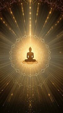 Silhouette of a meditating buddha in a golden mandala with radiant light beams against a dark background.