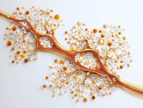 Human peripheral nerve anatomy illustration showing branching vascular tree with terminal cellular cluster architecture and dendritic projections in warm amber gold tones on white background