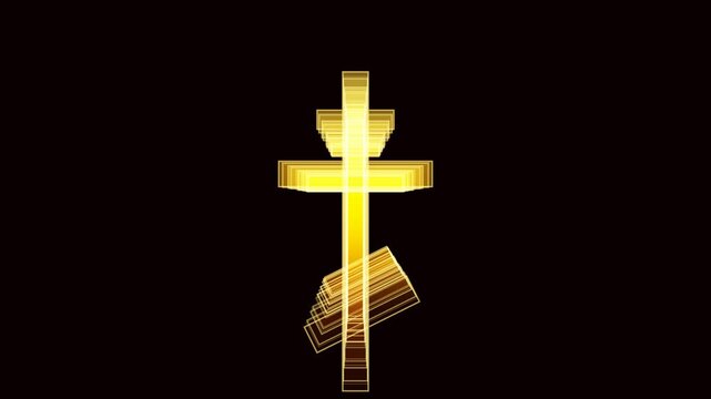 Animated golden Eastern Orthodox cross motion graphics with a black background. The layered cross glows with energy and appears to be in constant, smooth rotation.