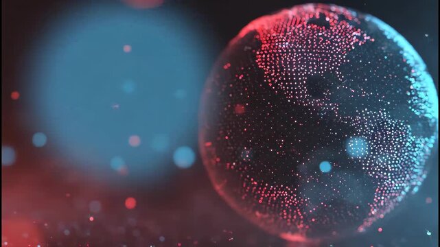 A futuristic, glowing digital globe is depicted against a dark background, illuminated by vibrant red and blue light points, symbolizing global connectivity and technological advancement.