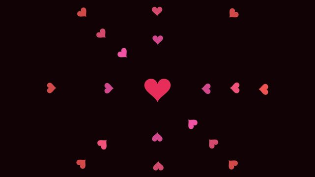 Animated hearts of various sizes and shades of pink gently pulse and float outward from a central, larger heart against a dark background.