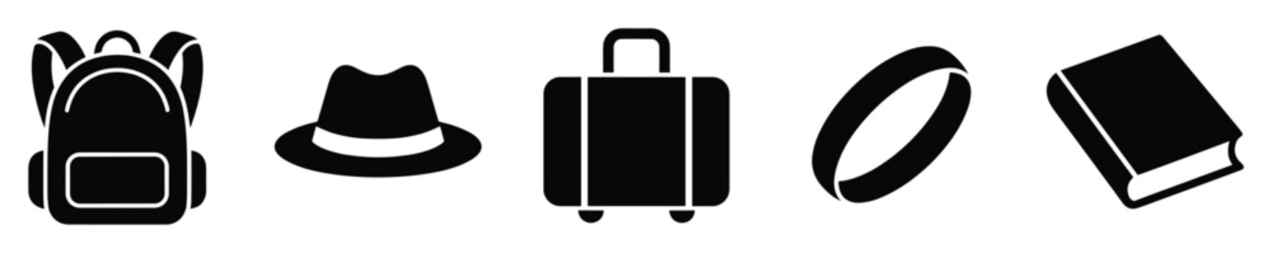 Black silhouette symbols for travel, education, sport, ideal for web and print graphics.