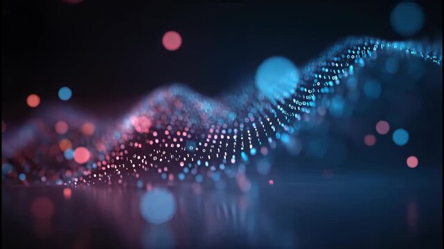A futuristic abstract visualization depicts a flowing, interconnected network of particles and spheres against a dark, blurred background, suggesting data streams and complex systems.