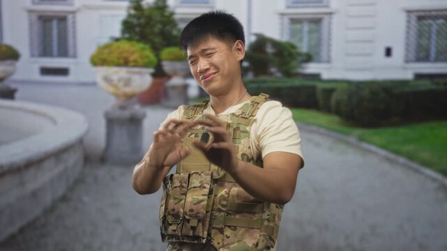 Man soldier with hands raised in a defensive gesture wearing camouflage vest at building entrance; caution duty.