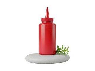 Obraz premium Red plastic squeeze bottle for ketchup or sauce on a stone base, png image on transparent background