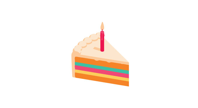 Delicious slice of colorful rainbow layer cake with white frosting and a single pink lit candle on top isolated on a white background.