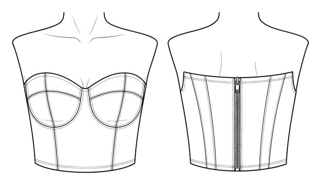 Fashion technical drawing of a womens strapless corset top with zipper closure for apparel design documentation.