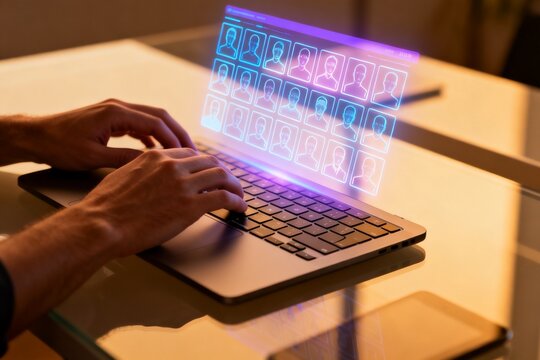 Hands typing on laptop with digital face grid