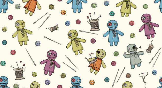 Seamless pattern with colorful voodoo dolls needles buttons and spools of thread on a light beige background for quirky spooky craft themes.