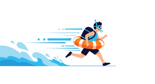 Energetic man running towards the water wearing a life buoy snorkel and backpack for beach vacation and summer sports activities.