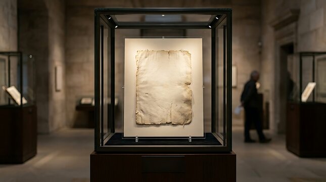 Ancient Manuscript Display in Museum Glass Case with Stone Walls