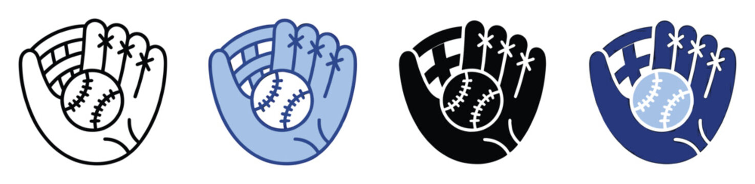 Baseball glove holding a ball in multiple graphic styles perfect for sports related applications
