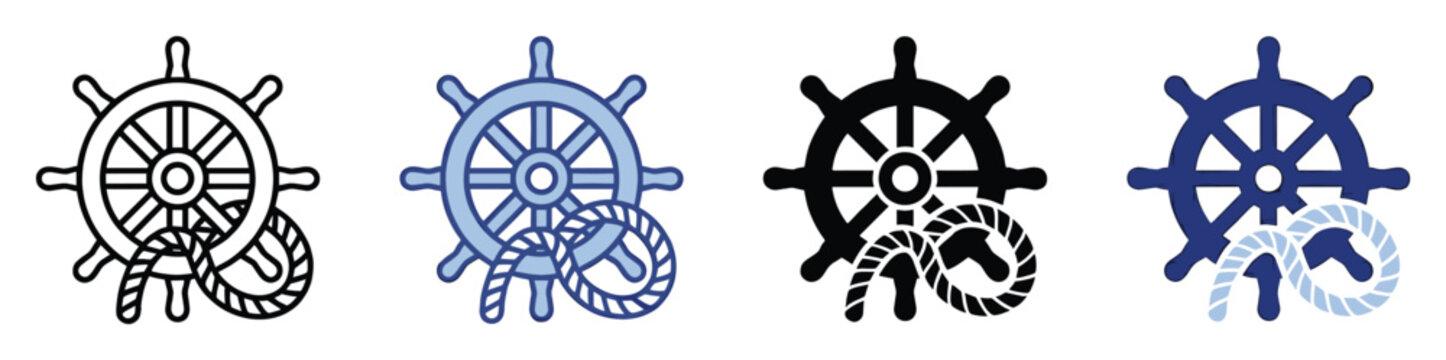 Ship wheel and rope icon set for nautical and maritime travel adventure designs and graphic elements
