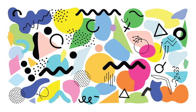 Vibrant abstract composition with geometric shapes and squiggly lines perfect for modern graphic projects and presentations