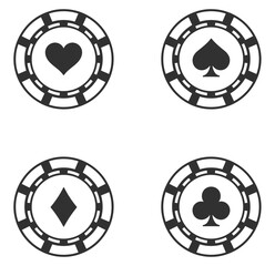 Naklejka premium Poker Chip Graphics: Four poker chips in a minimalist design, each displaying a classic suit symbol. Poker night, gambling design, gaming icon, casino element.